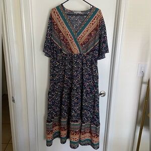 Blue and Orange V-Neck Flutter Sleeve Maxi Sundress